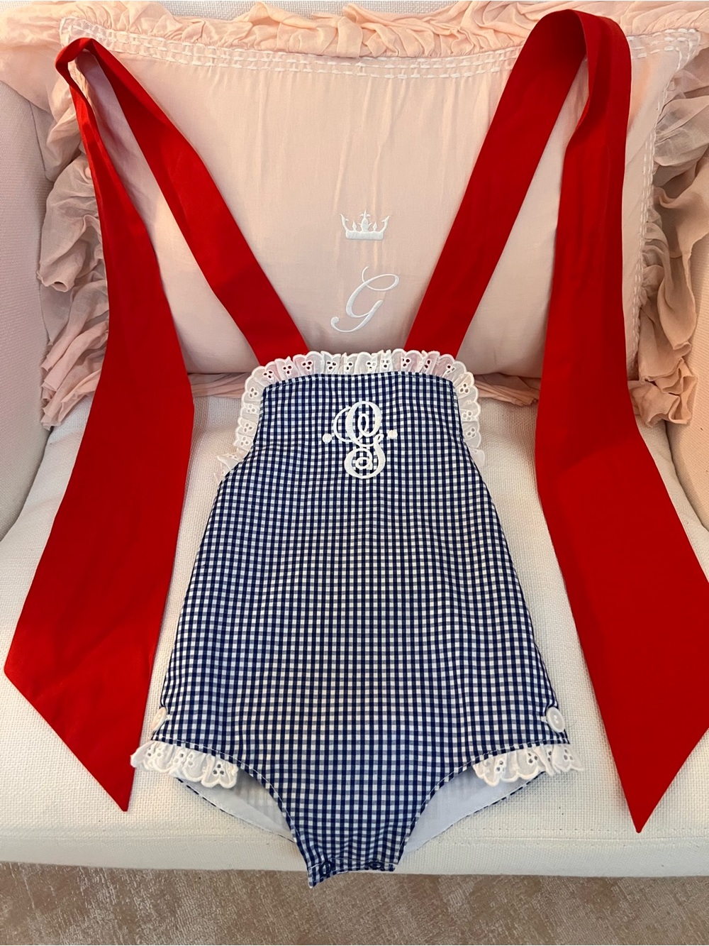 The Beaufort Bonnet Company Navy & White Gingham One-Piece Sunsuit with Red Sash